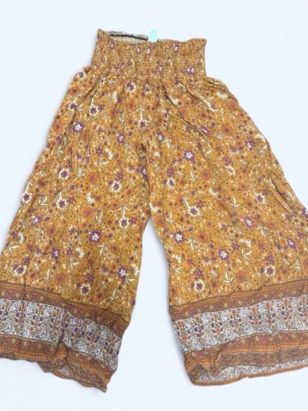 NATURAL LIFE Mustard Floral Wide-Leg Pants with Border Hem